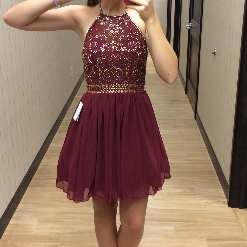 Beaded Maroon Homecoming Dress